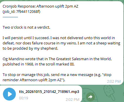 Telegram message: afternoon uplift with an Og Mandino quote