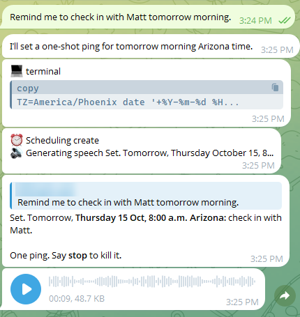 Telegram chat: agent schedules a reminder for tomorrow morning and replies with a voice note